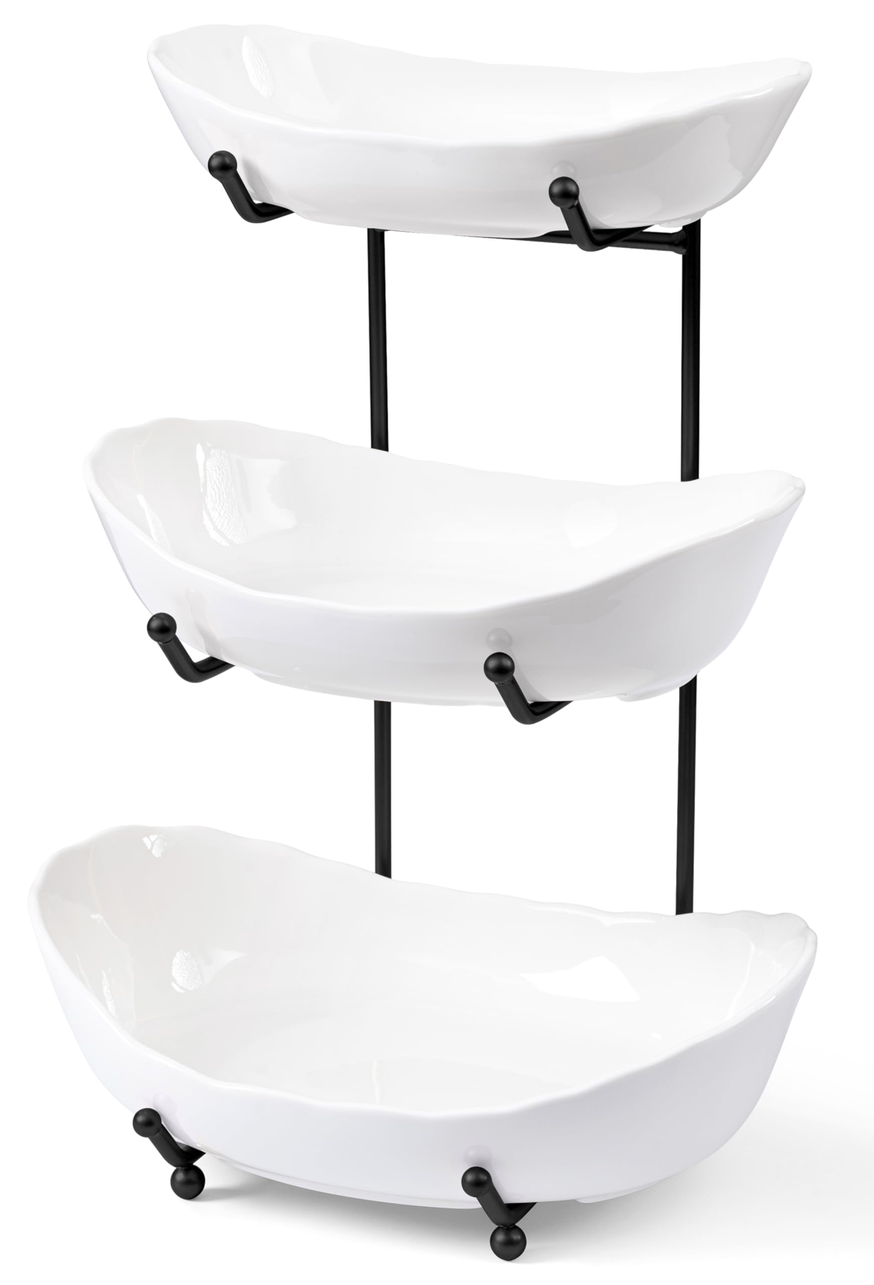 HBlife 3-tier ceramic fruit stand front view, stylish kitchen organizer keeping fruit accessible.