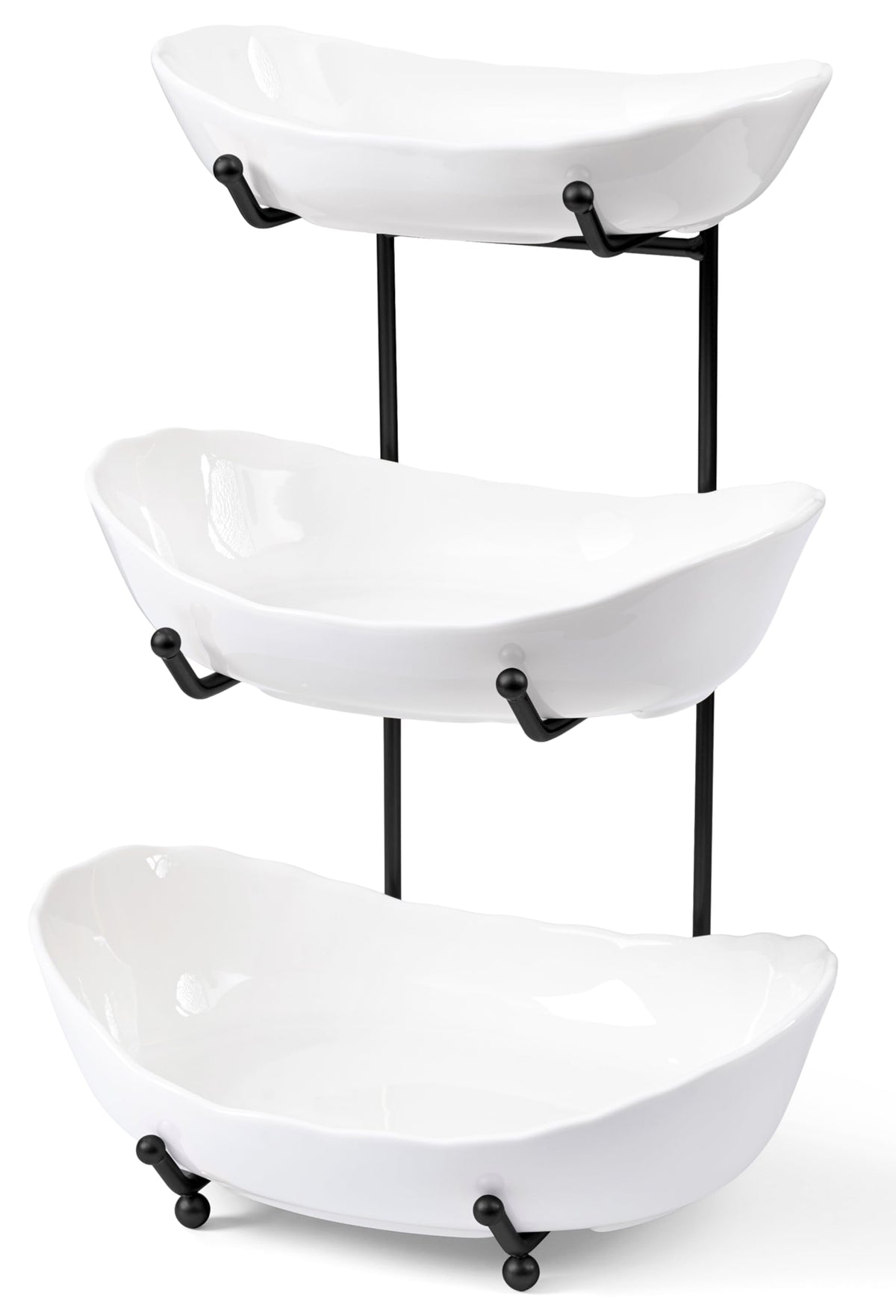 HBlife 3-tier ceramic fruit stand front view, stylish kitchen organizer keeping fruit accessible.