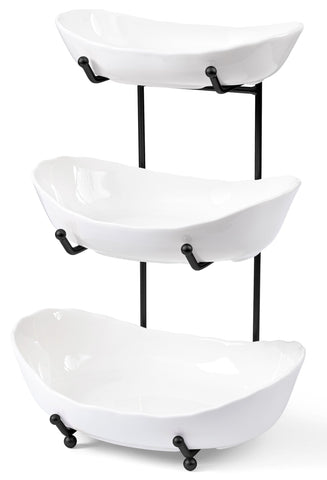HBlife 3-tier ceramic fruit stand front view, stylish kitchen organizer keeping fruit accessible.