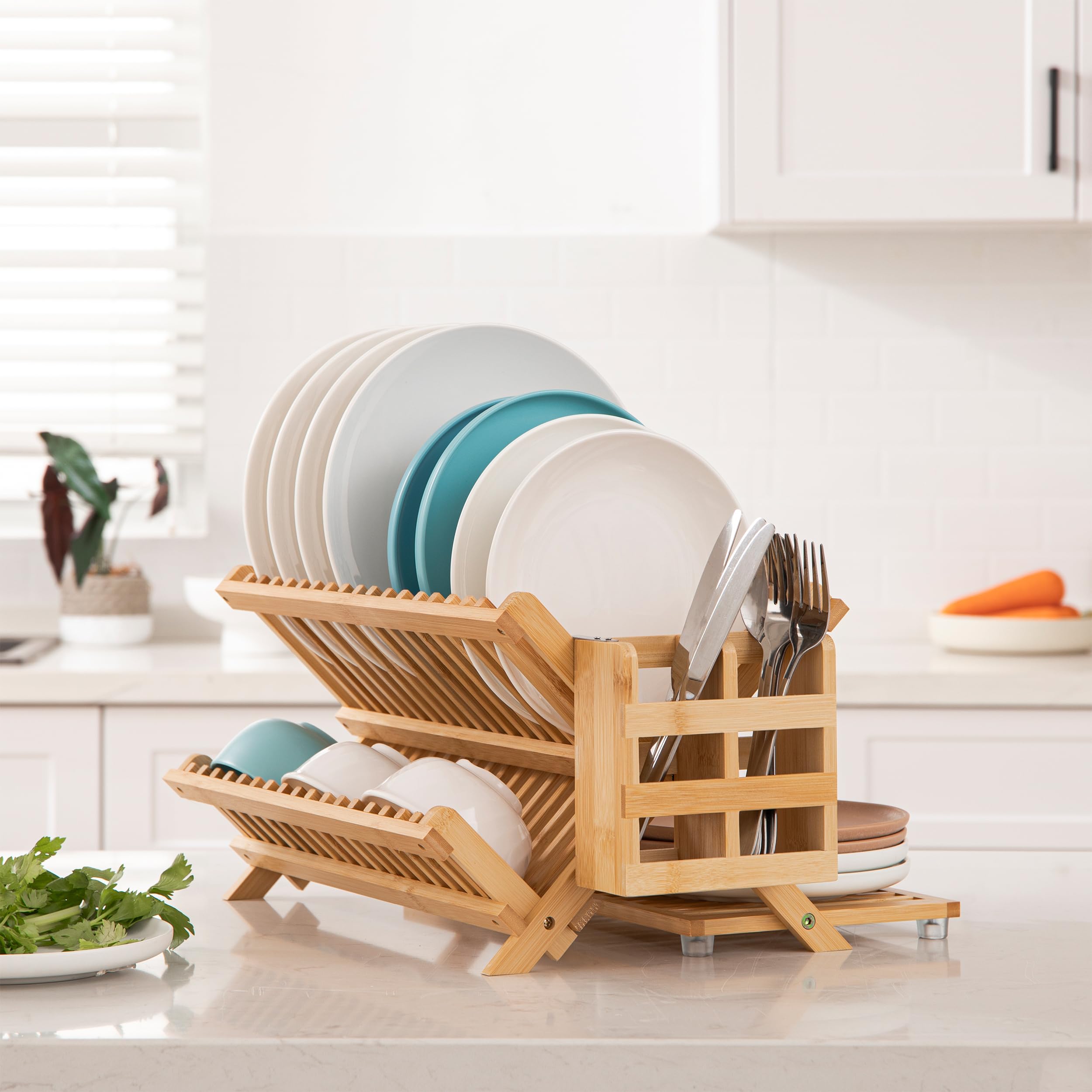 HBlife bamboo rack adds natural warm decor while drying dishes.