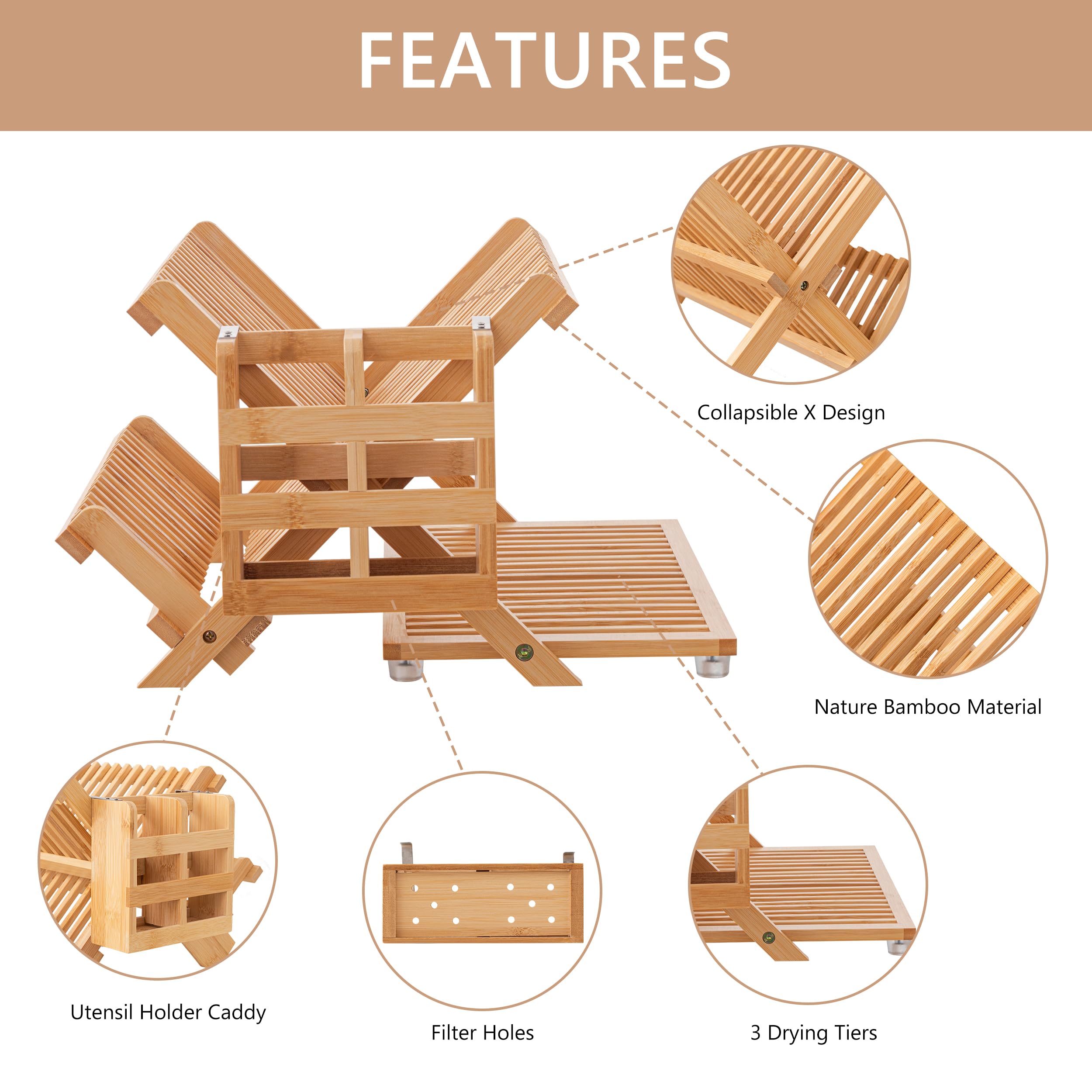 HBlife bamboo rack upper tier holds 18 plates for efficient drying.