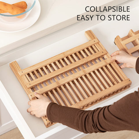 HBlife bamboo dish rack closed dimensions, slim profile for cupboard storage.