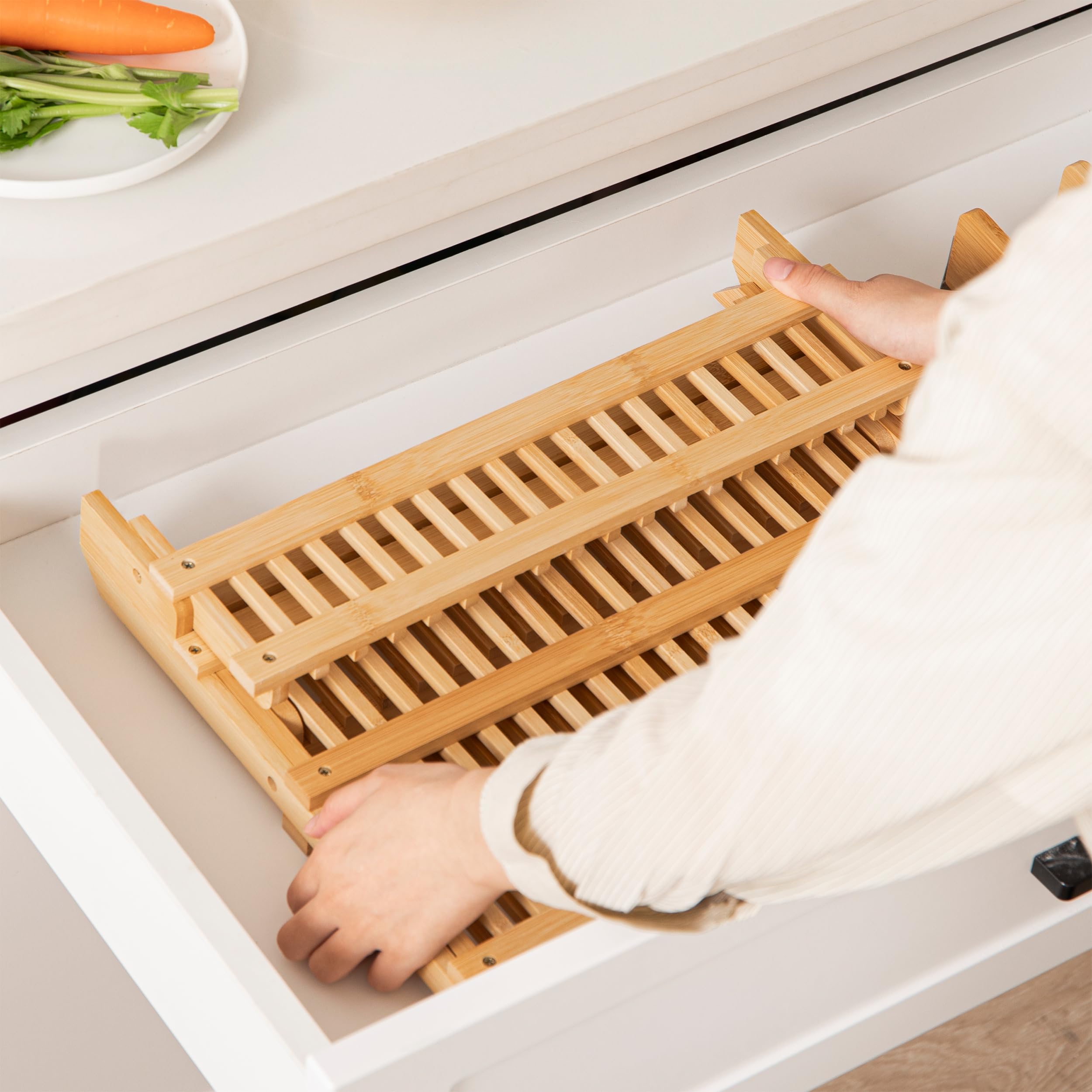 HBlife bamboo dish rack drainage holes channel water for quick air-drying.
