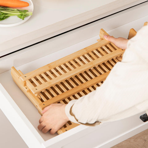 HBlife bamboo dish rack drainage holes channel water for quick air-drying.