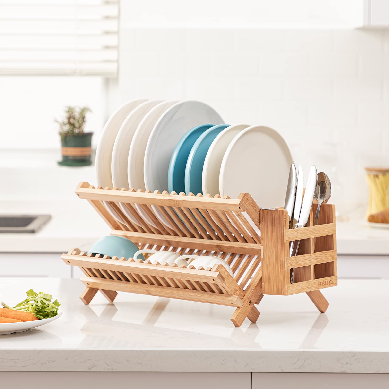 HBlife bamboo dish rack folding side view, space-saving when folded for storage.