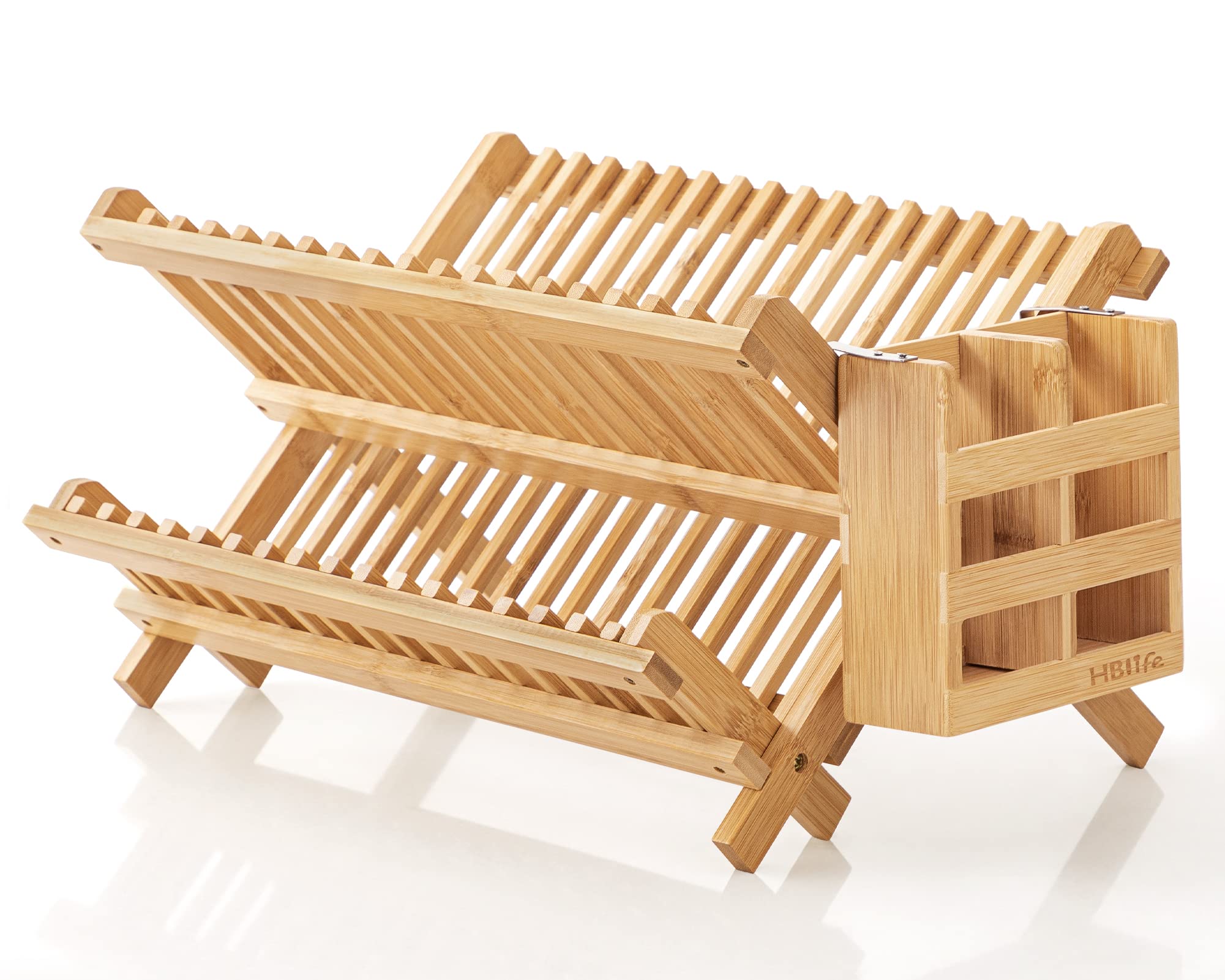 HBlife bamboo dish rack folding top view, spacious upper area for plates and quick drying.