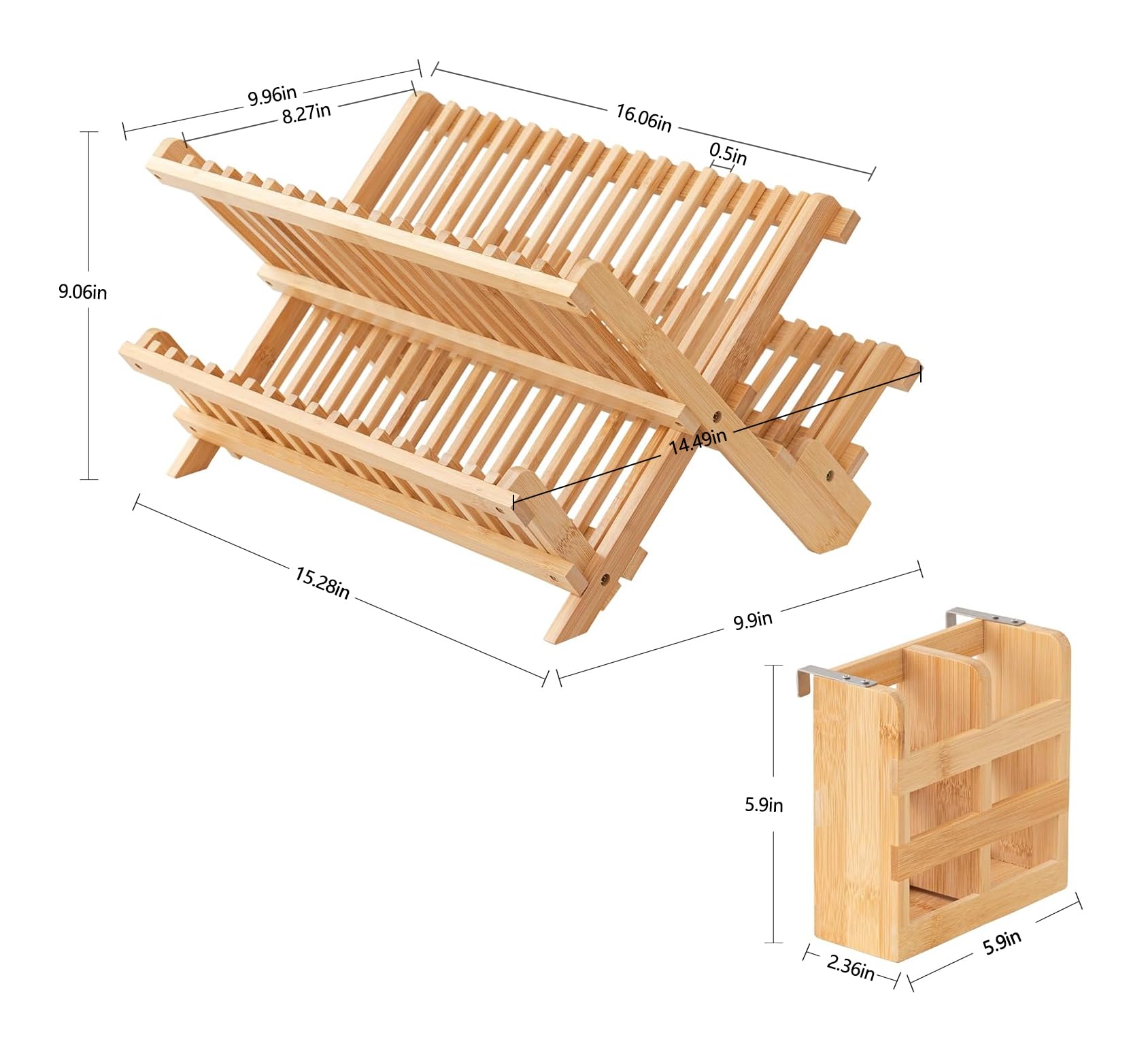 HBlife bamboo dish rack lower tier fits mugs and small plates for compact air-drying.