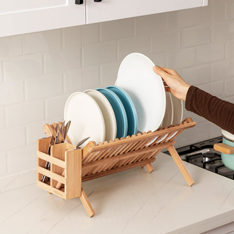 HBlife bamboo dish rack multi-use area, accommodates mugs, bowls, and more.