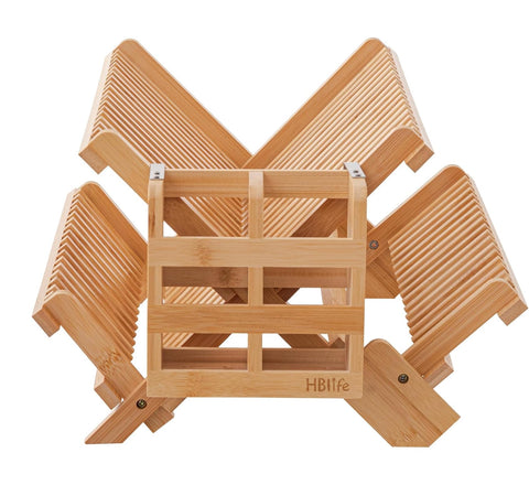 HBlife bamboo dish rack upper tier holds 18 plates for organized drying after meals.