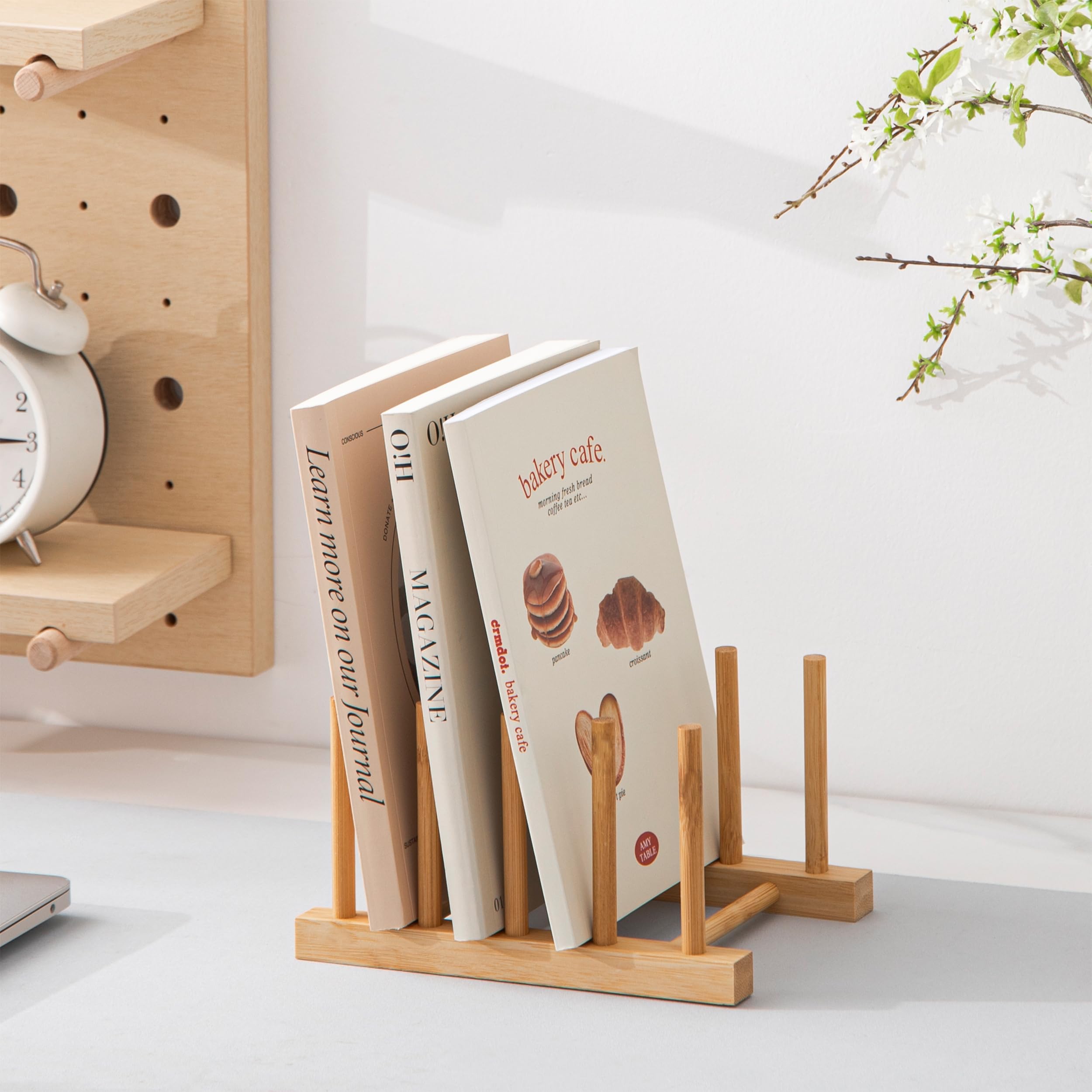 HBlife bamboo lid and dish organizer helps cabinet storage stay tidy.