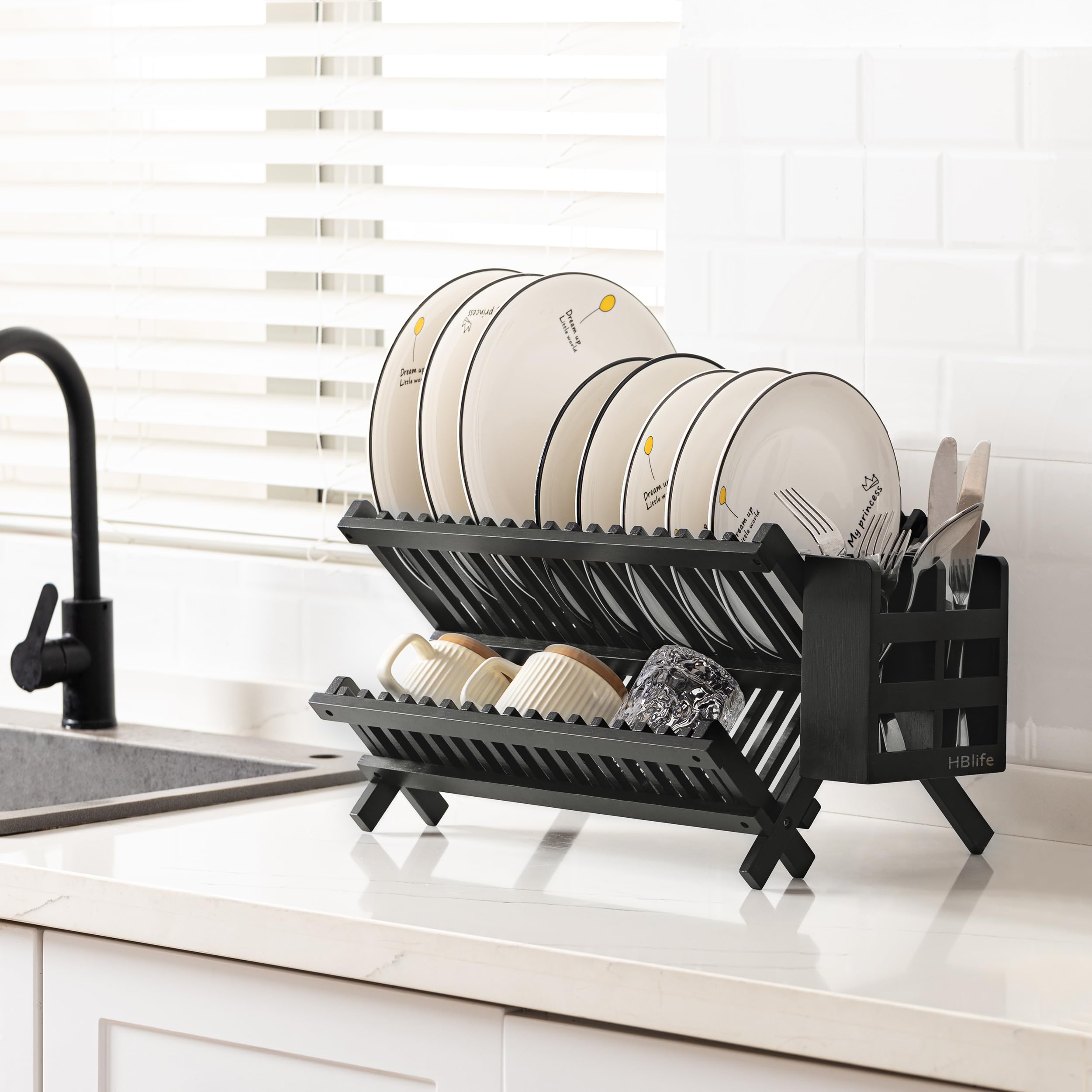 HBlife dish rack drains efficiently through built-in holes.