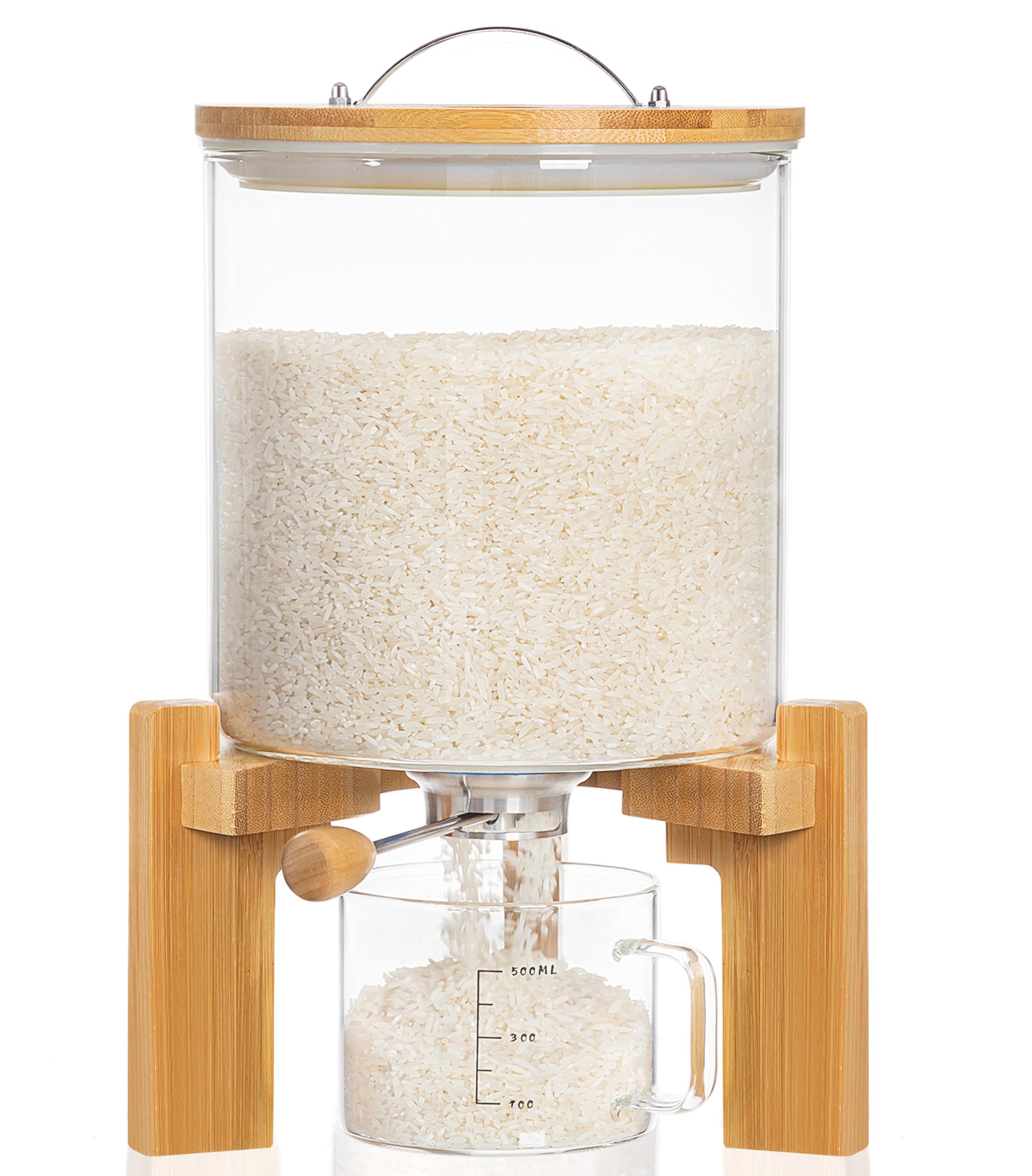HBlife glass rice dispenser on wooden stand enhances kitchen organization and accessibility.