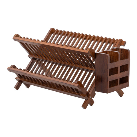 HBlife teak dish rack with folding top tier for efficient plate drying.
