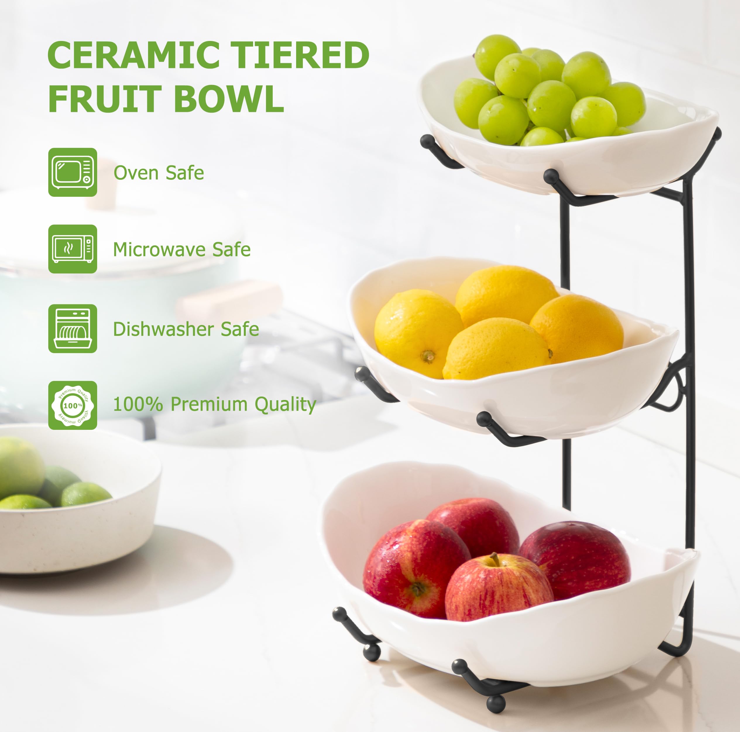 HBlife tiered fruit platter display neatly showcases fresh produce and reduces counter clutter.