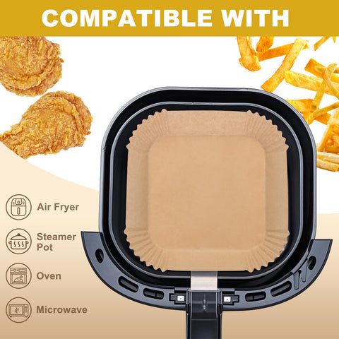 HDOET square 6.3-inch liners in use inside the air fryer