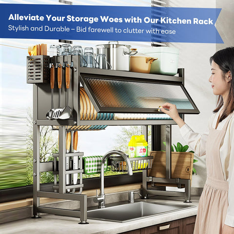 Hdrriozu 3-tier over-sink rack organizing plates and cups.