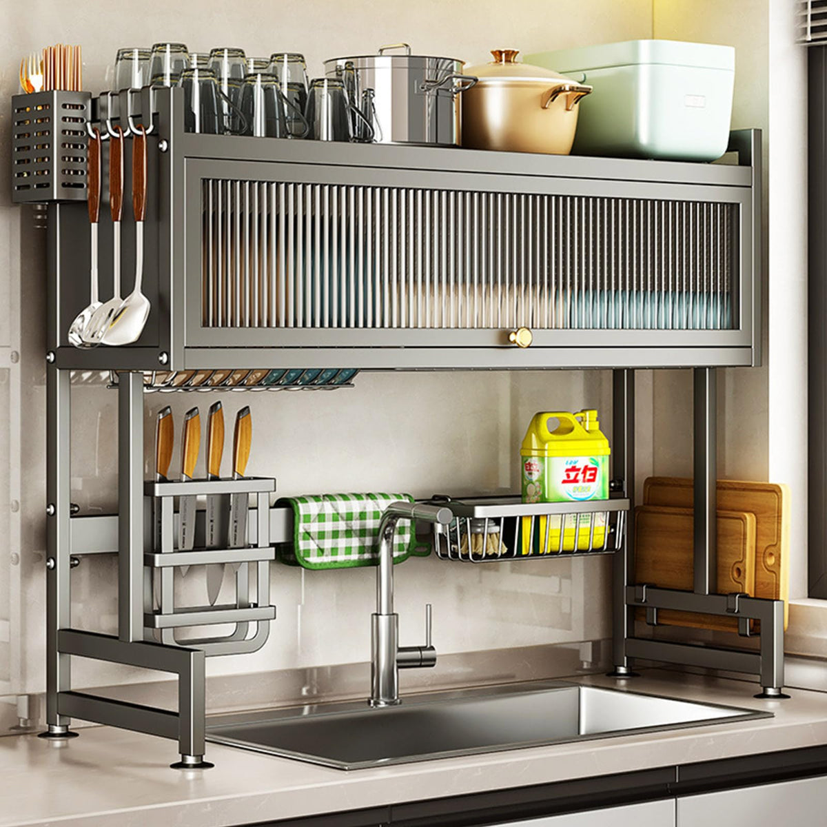 Hdrriozu over-the-sink dish drainer with cover drying dishes safely.