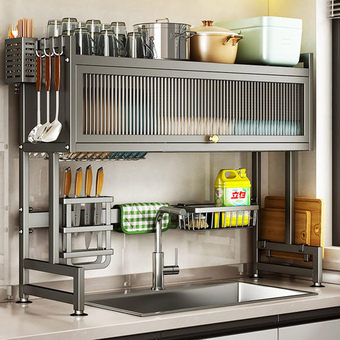 Hdrriozu over-the-sink dish drainer with cover drying dishes safely.