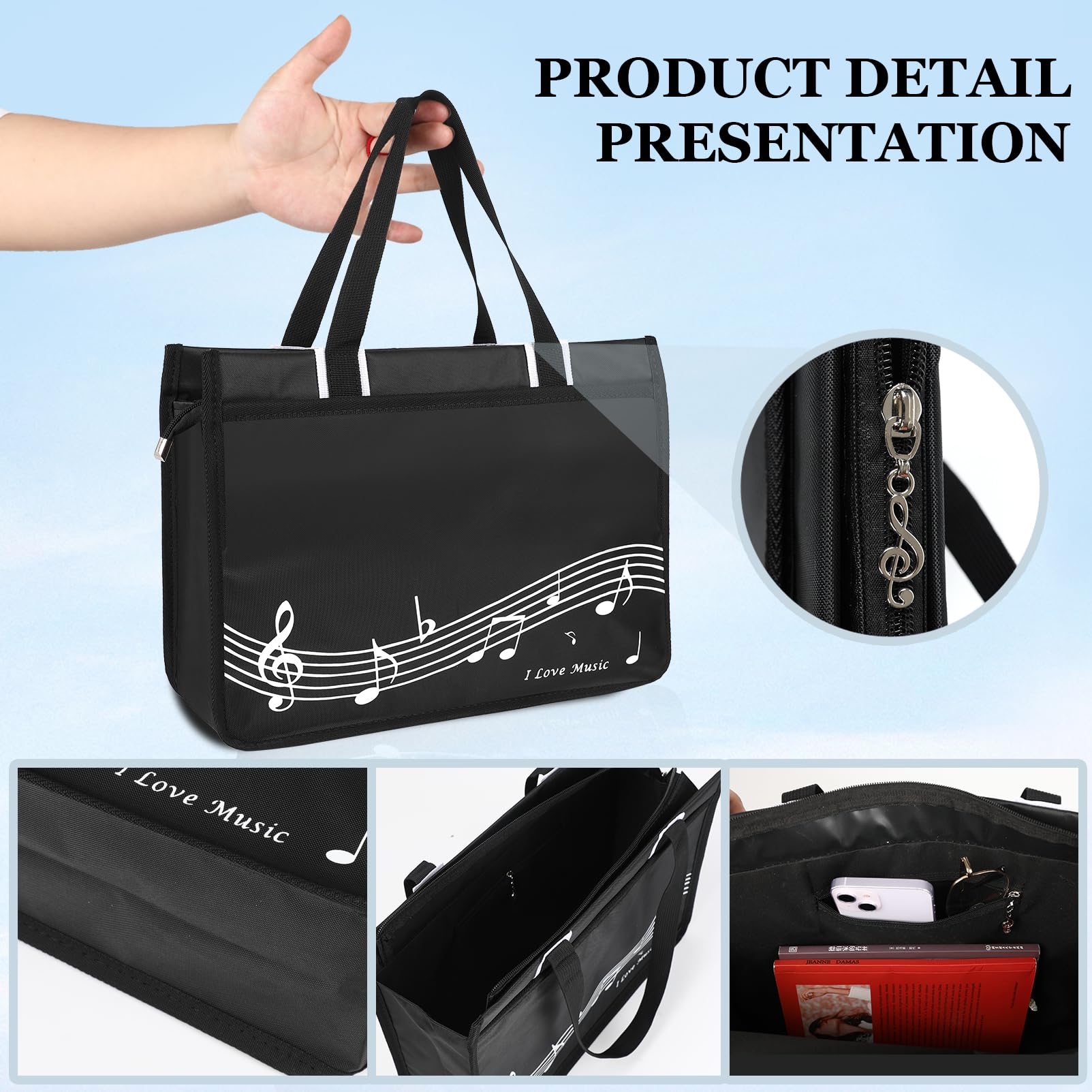 Headsitg musical notes tote bag central zipper pocket keeps belongings organized.