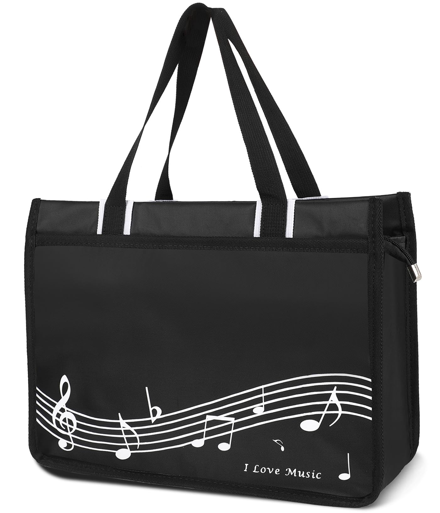 Headsitg musical notes tote bag front pocket, ideal for quick-access items.