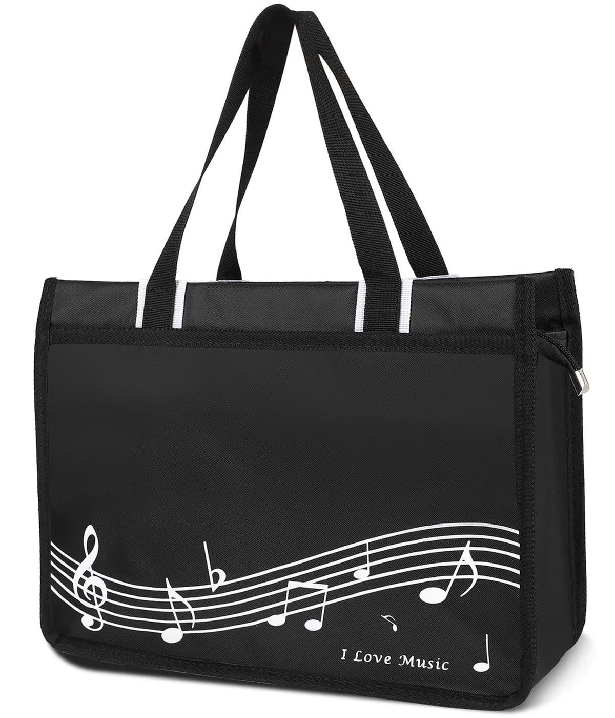 Headsitg musical notes tote bag front pocket, ideal for quick-access items.