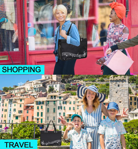 Headsitg musical notes tote with sturdy handles for easy carrying.