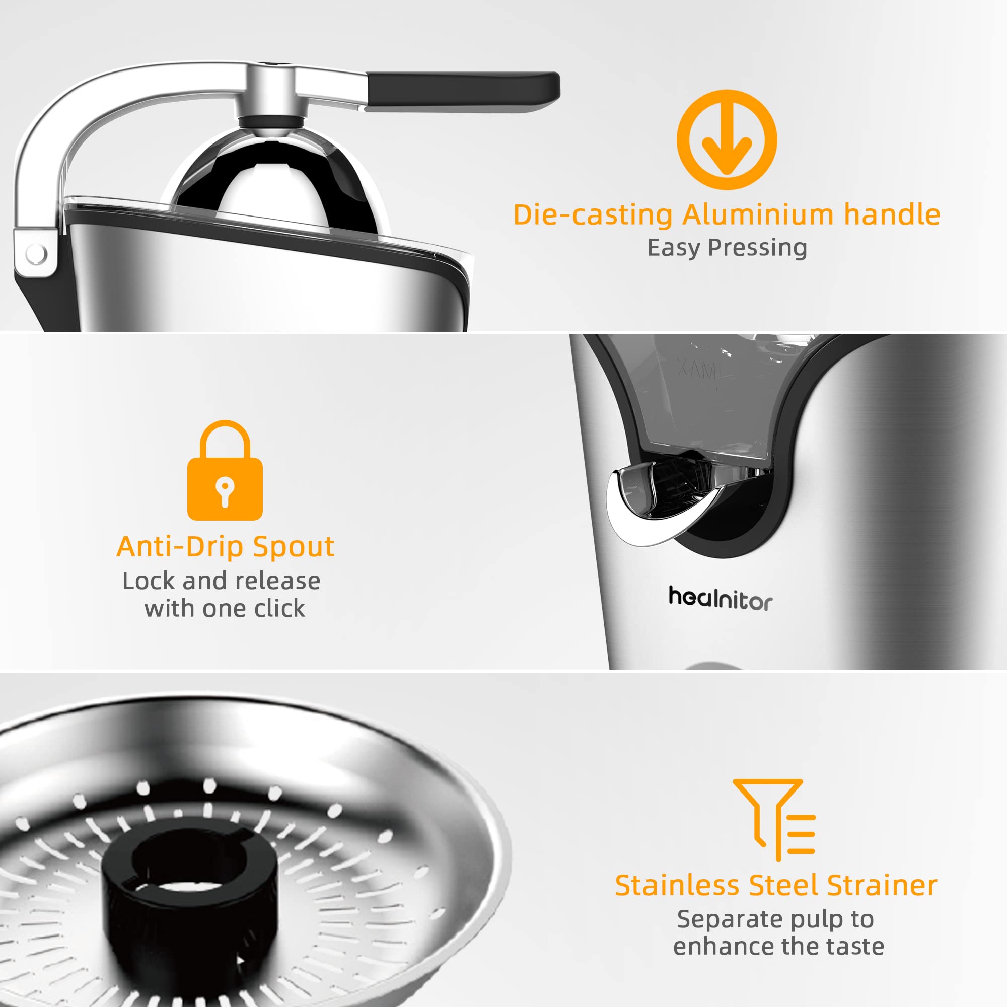 Healnitor stainless-steel shell showcases premium build for durable daily juicing.