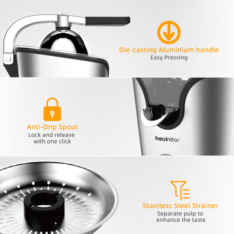 Healnitor stainless-steel shell showcases premium build for durable daily juicing.