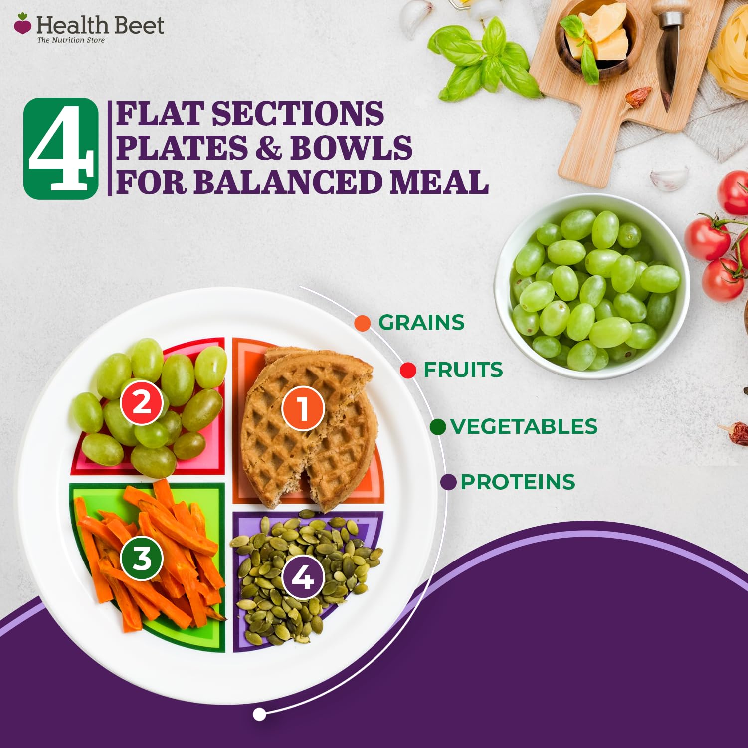 Health Beet four-section portion plate simplifies meal planning.