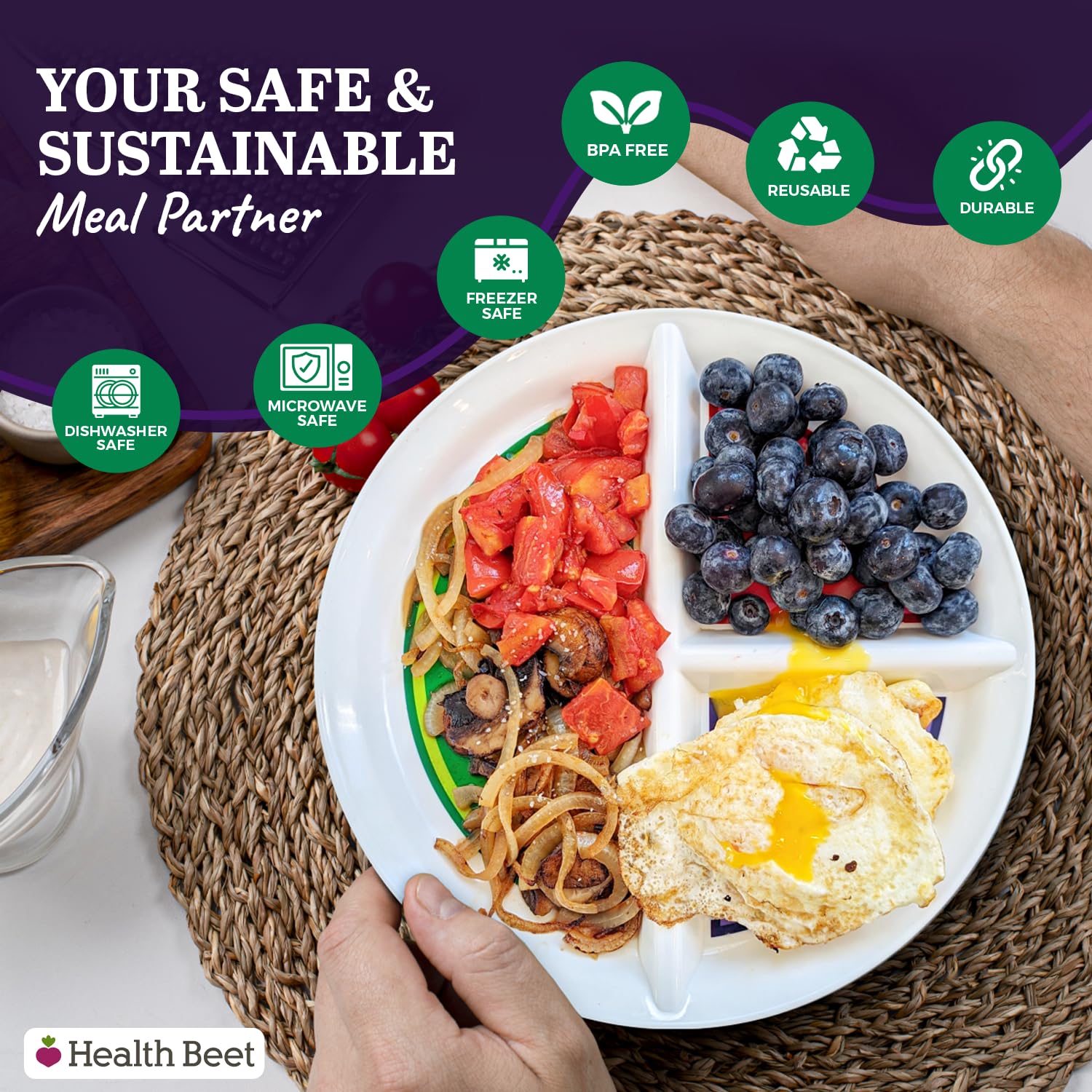 Health Beet microwave-safe plate ready for quick reheats.