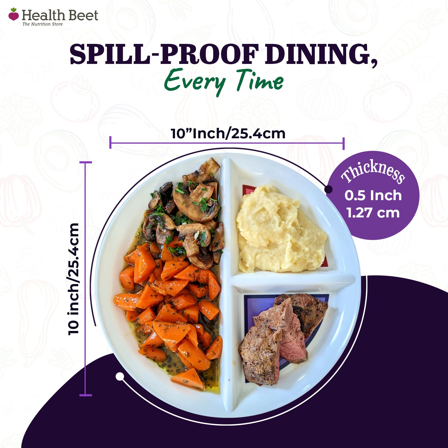 Health Beet plate protein section close-up supports lean meal planning.