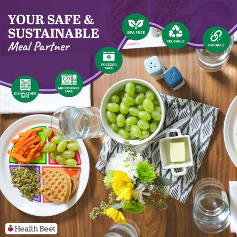 Health Beet sectioned plate is microwave-safe for quick reheats.