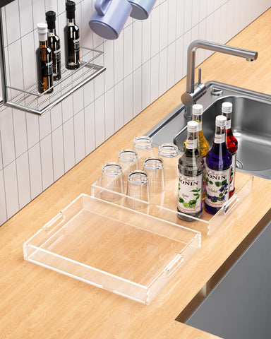 Heapany crystal-clear trays elevate kitchen, bathroom, or vanity displays.