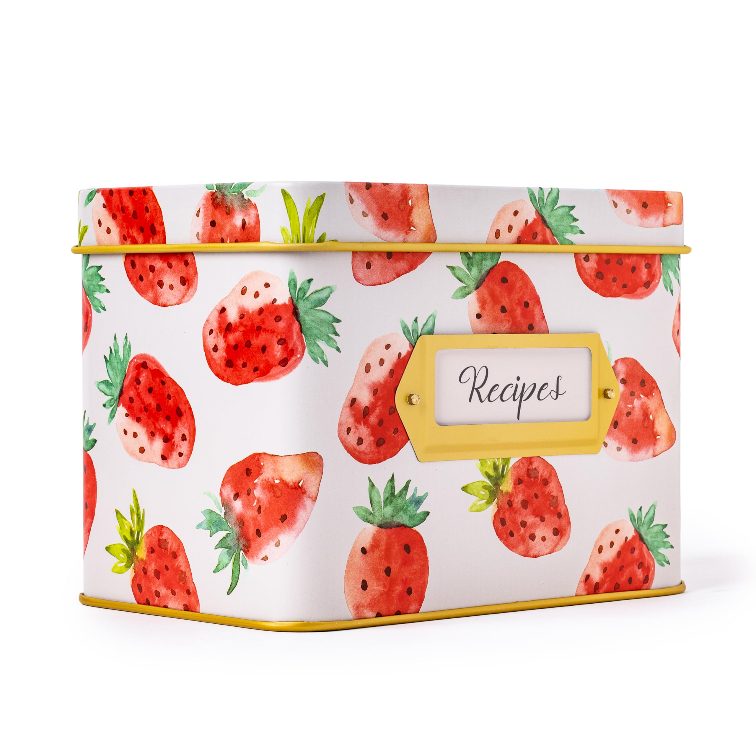 Heart & Berry Strawberry Recipe Box opened with lid for easy access to 4x6 cards.