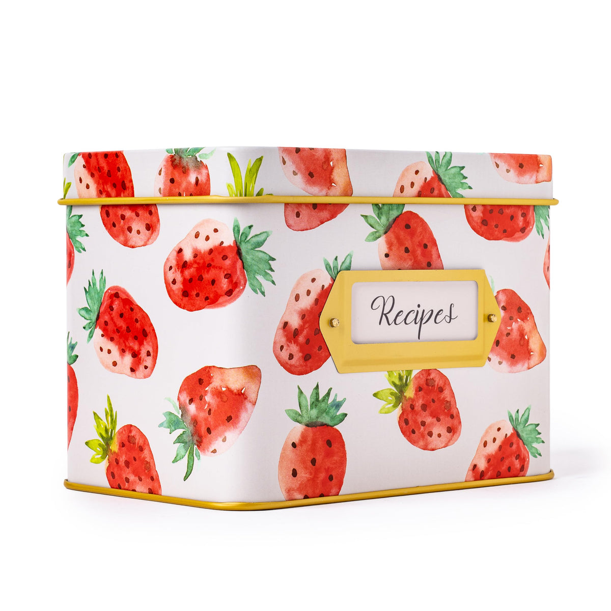 Heart & Berry Strawberry Recipe Box opened with lid for easy access to 4x6 cards.