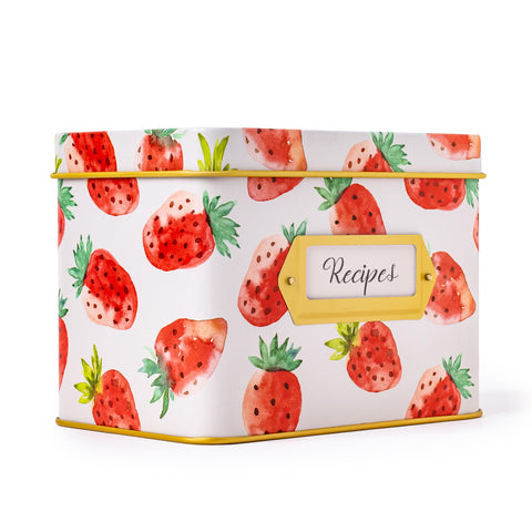 Heart & Berry Strawberry Recipe Box opened with lid for easy access to 4x6 cards.