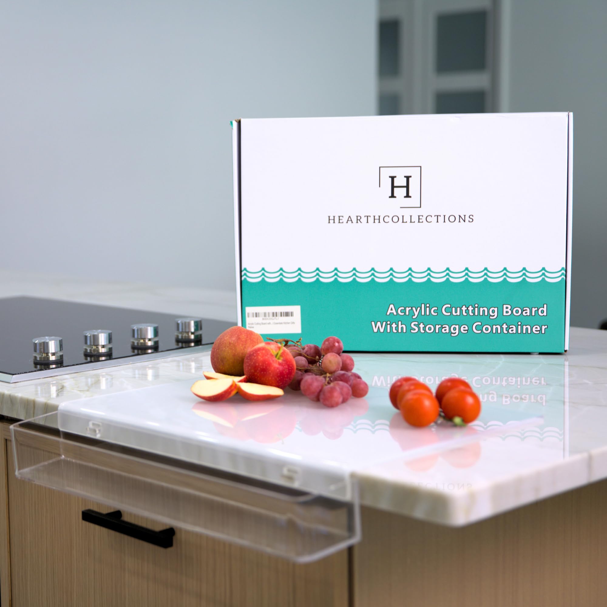 HearthCollections acrylic cutting board 17x13 with waste container for organized prep.