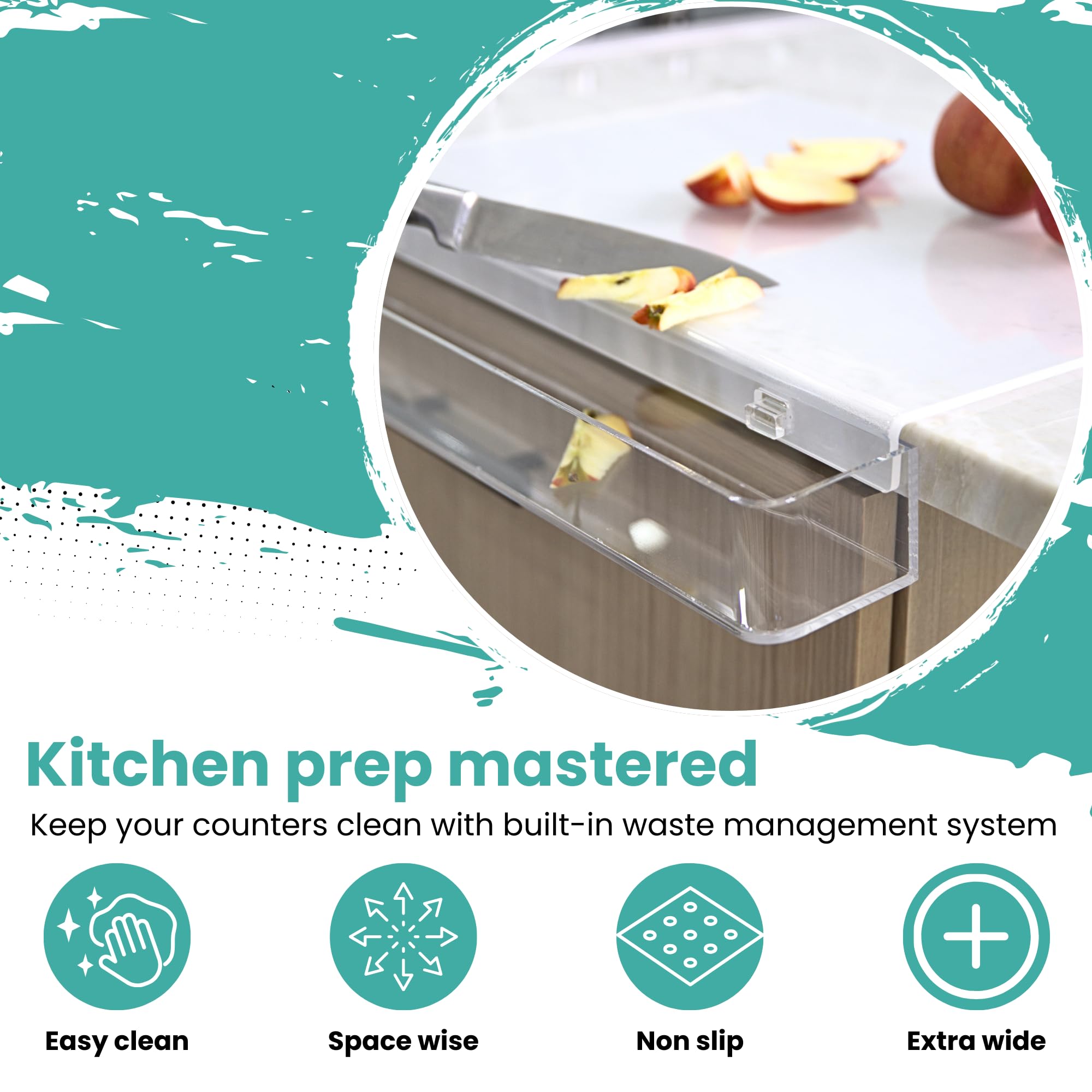 HearthCollections clear cutting board showing attached waste container for scraps.