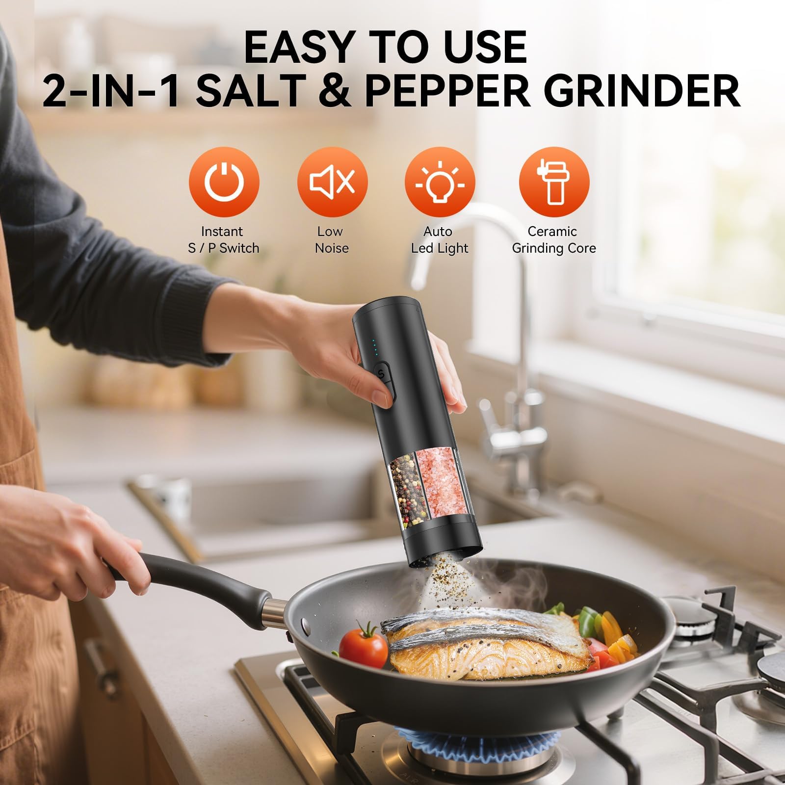 HeatBay USB rechargeable grinder with battery display for uninterrupted cooking.