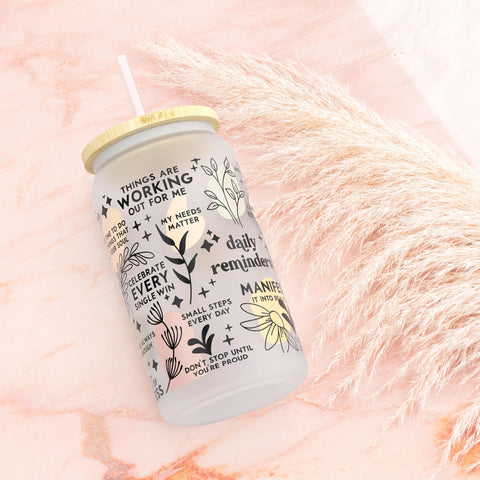 Heather & Willow frosted glass cup with straw blends boho aesthetics in daily life.