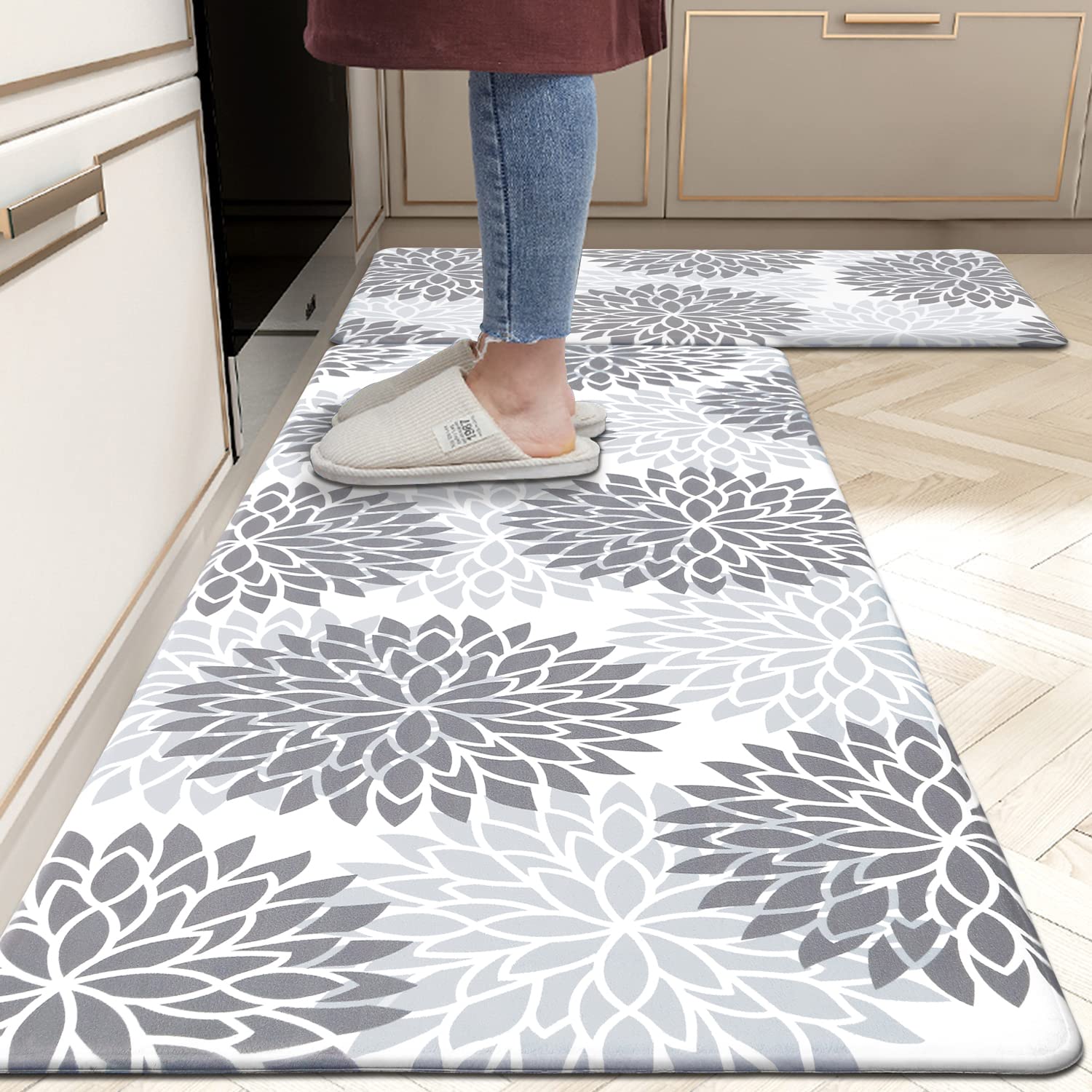 HEBE anti-fatigue kitchen mat set with floral design for standing comfort
