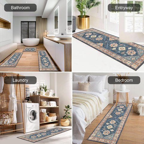 HEBE RUGS distressed vintage-look rug adds character to kitchen and hallway.