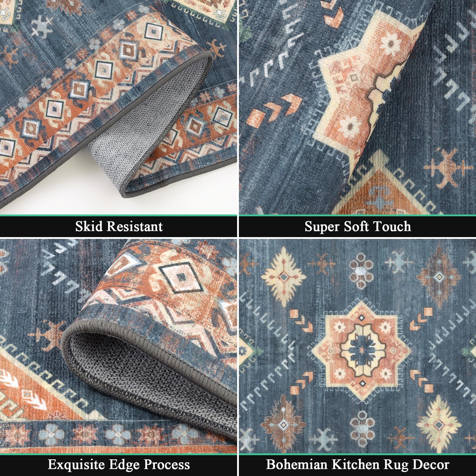 HEBE RUGS non-slip back kitchen rug enhances stability on slippery floors.