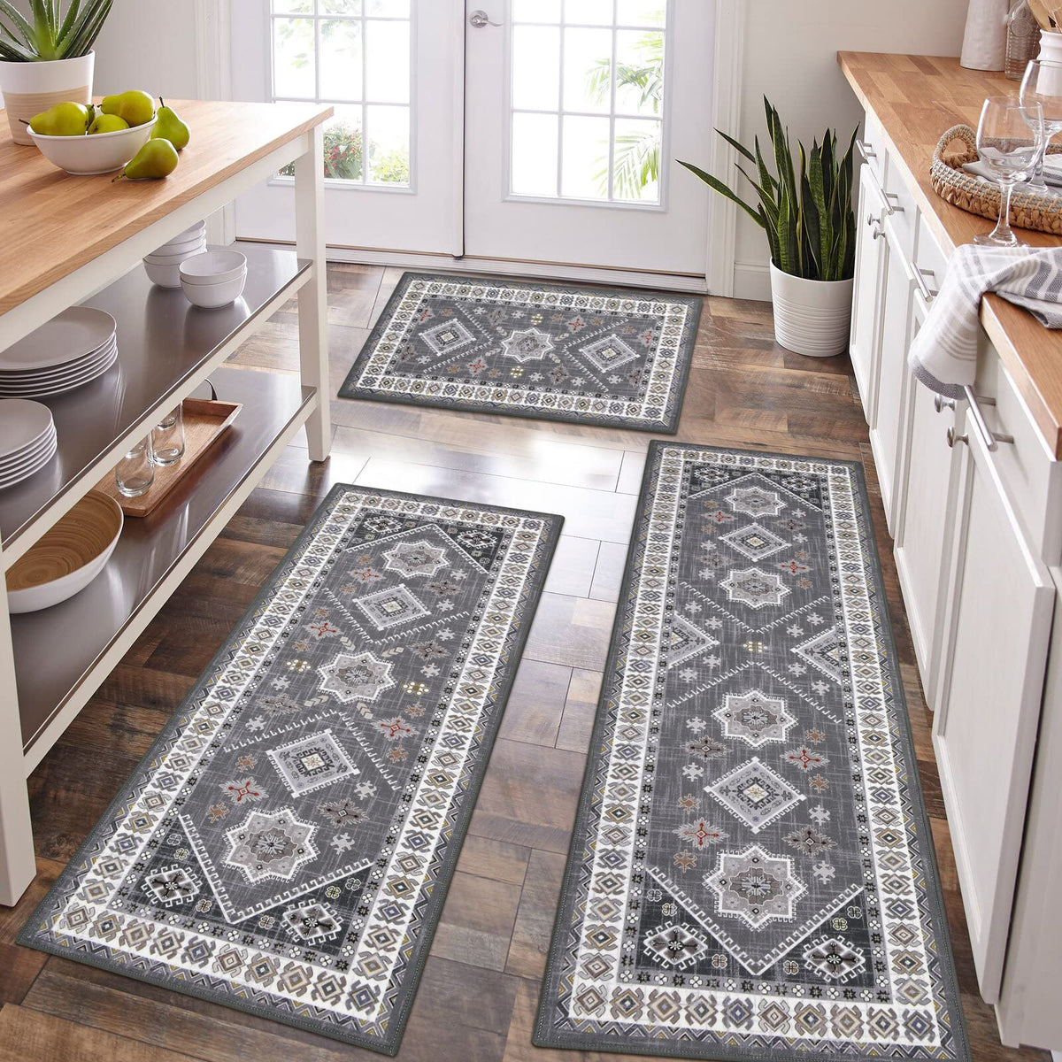 HEBE RUGS boho kitchen rug set main view highlights durable, easy-care fabric