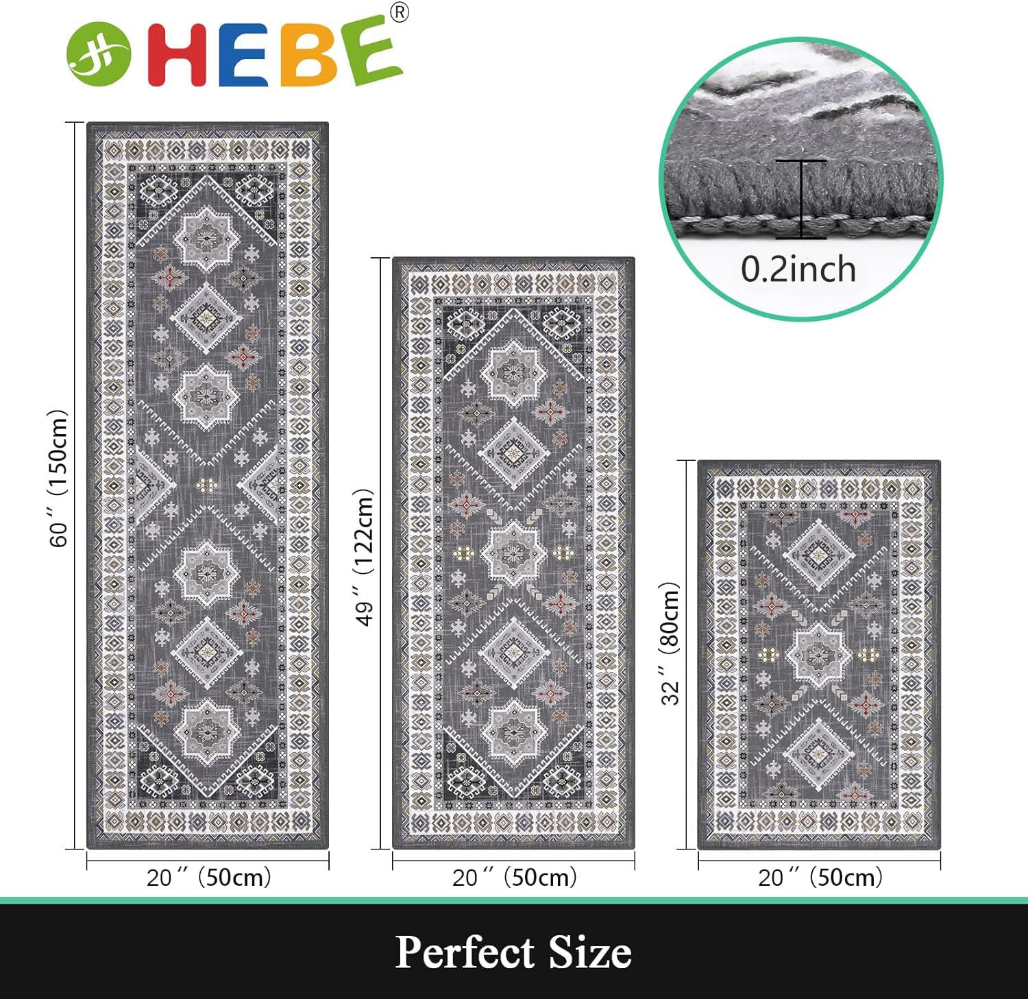 HEBE RUGS boho kitchen rug set material close-up shows plush texture