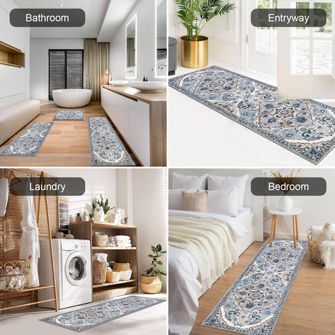HEBE RUGS retro floral design adds boho charm to kitchen decor.