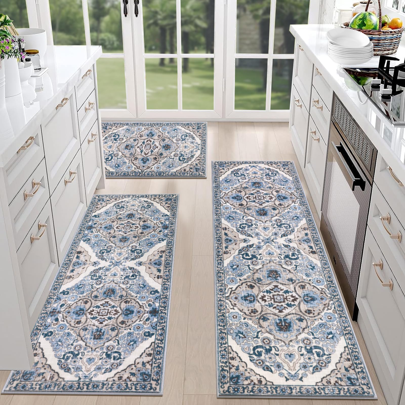 HEBE RUGS farmhouse kitchen rug set shown in a bright kitchen with non-slip backing.