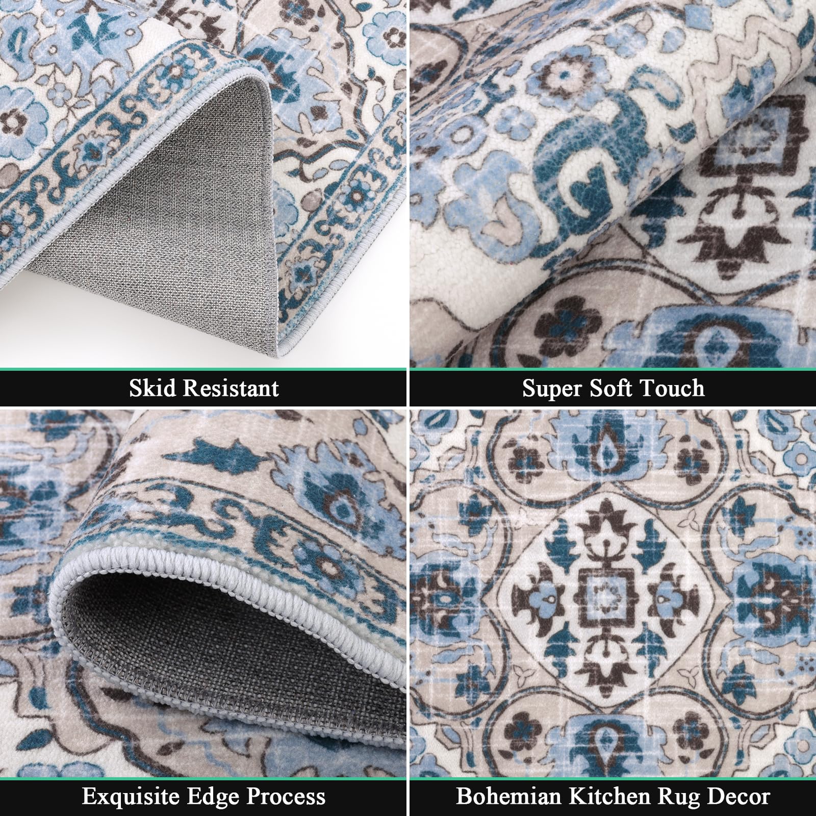 HEBE RUGS machine-washable kitchen rug demonstrates easy cleaning and quick refresh.