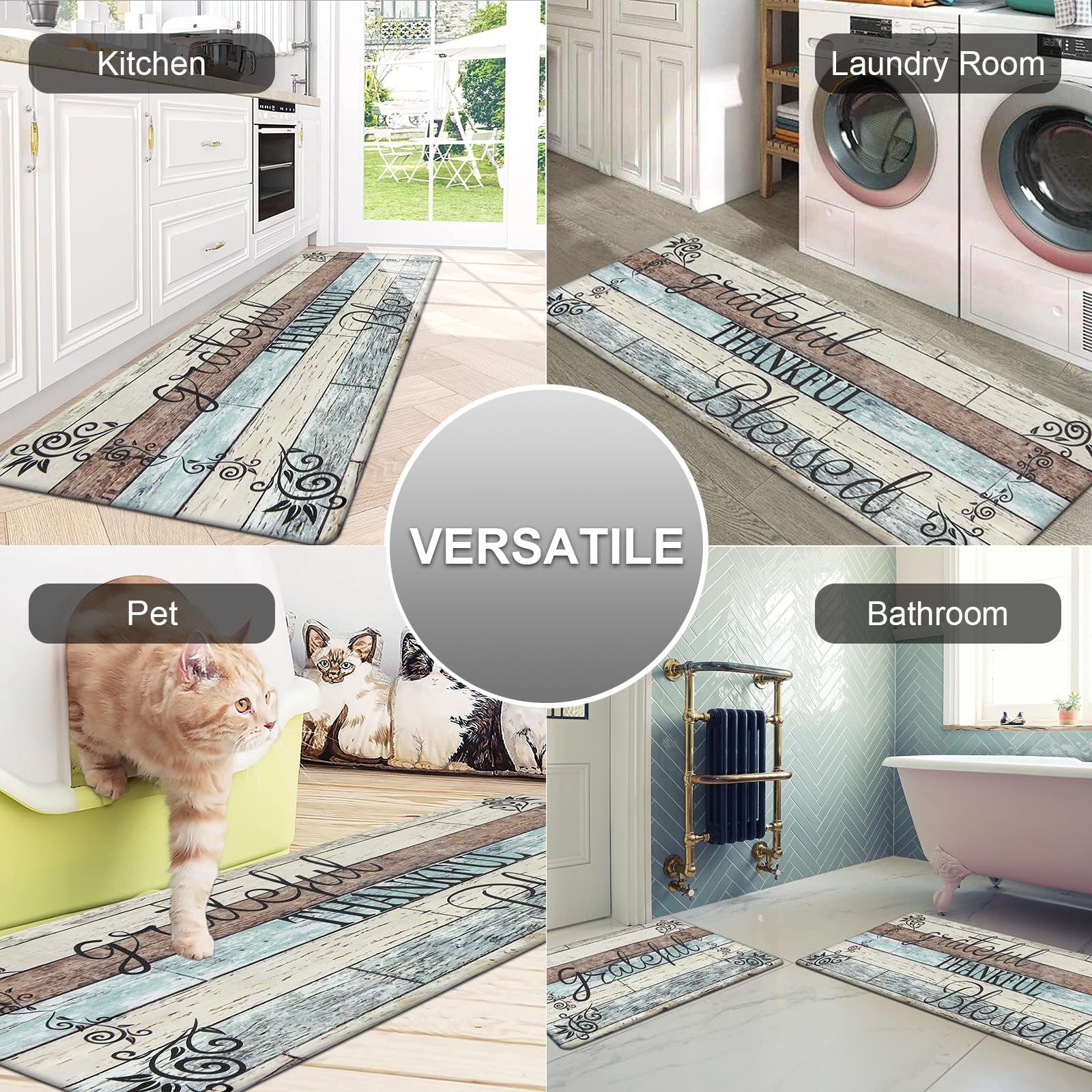 HEBE waterproof PVC kitchen rug shown with easy-clean design for quick maintenance.