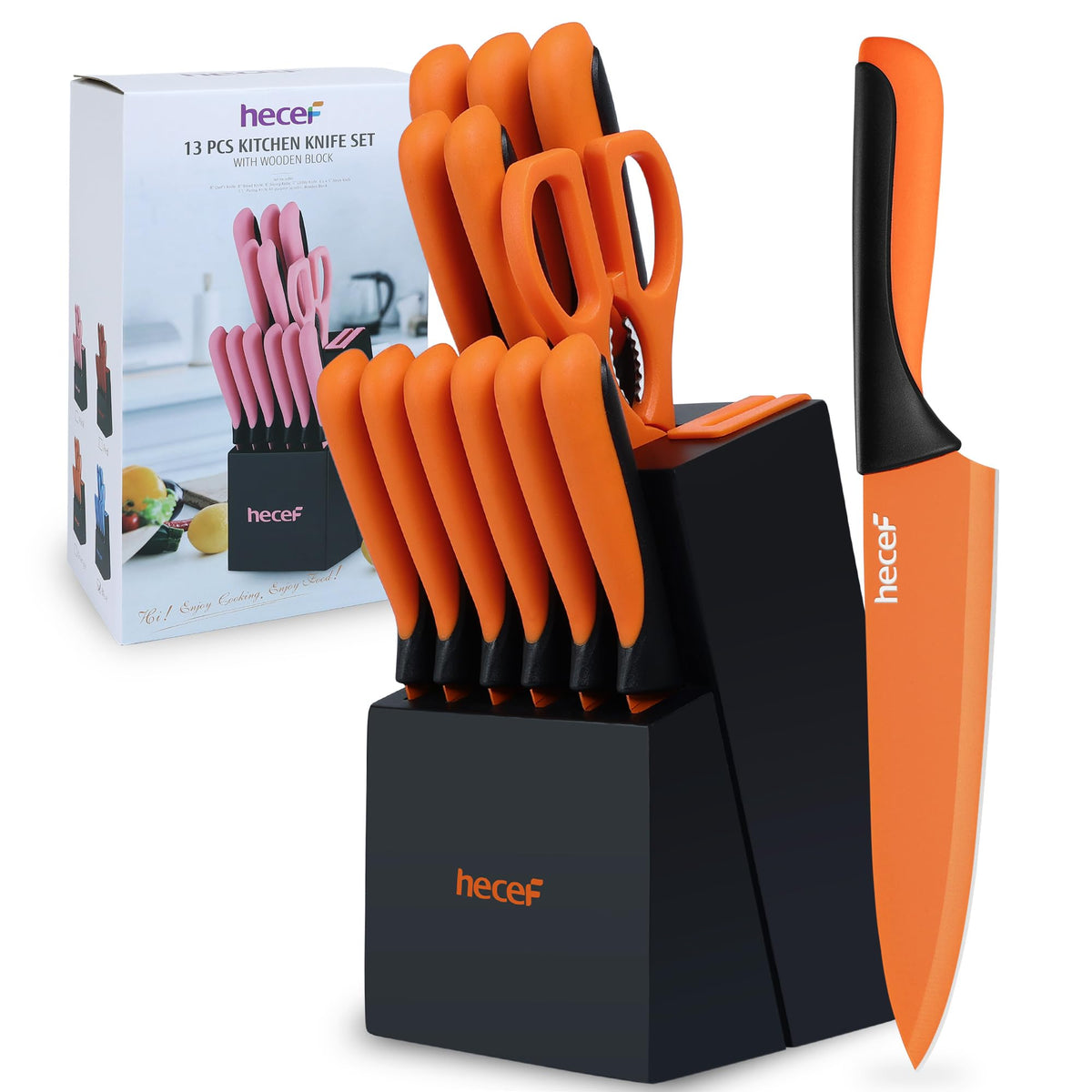 hecef 13-piece knife set with block for convenient prep and storage